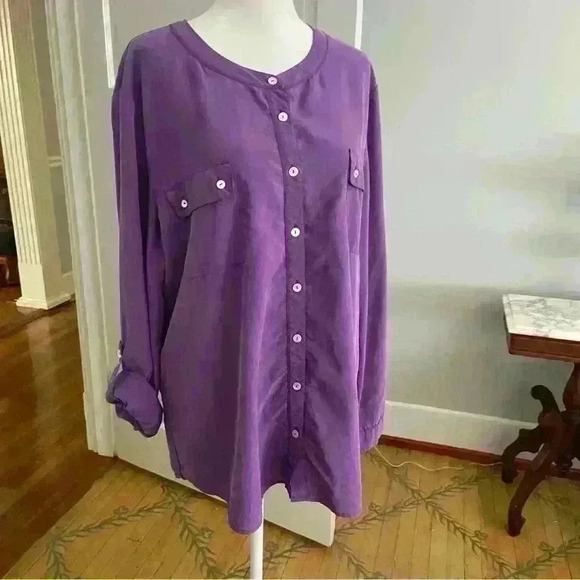 Chicos Tunic Roll Sleeve Silky Button Up Top Size 3 Large Purple Career Flowy - Picture 8 of 11